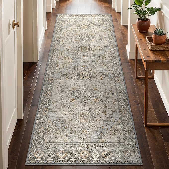 GENIMO Runner Rug 2x10 Machine Washable Non Slip Vintage Hallway Runner Rug, Low Pile Lightweight Rugs for Indoor Entryway, Hallway, Kitchen and Corridor, Antique Taupe