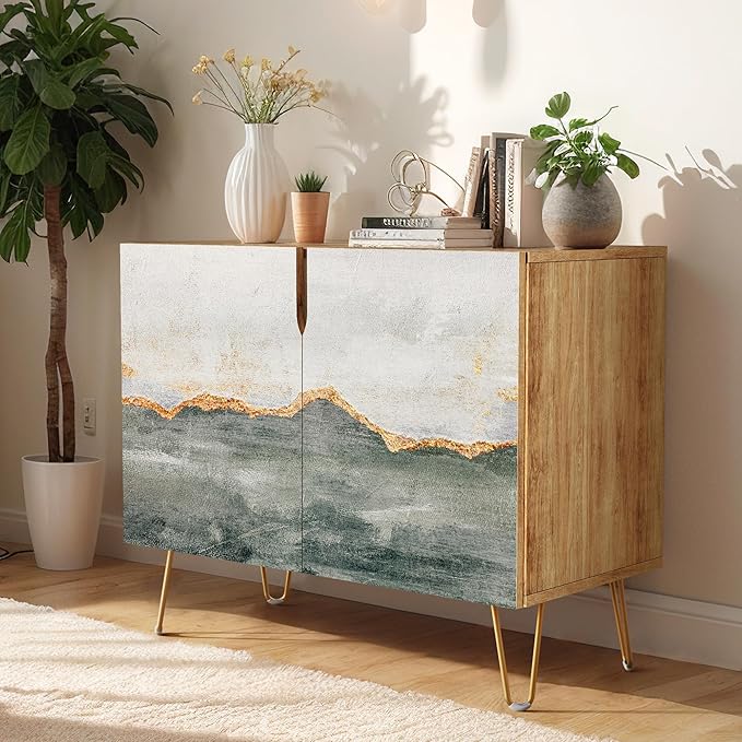 SIGNWIN Sideboard Buffet Cabinet, Kitchen Storage Cabinet with 2 Doors, Gold Gray Color Block Collage, Cupboard Console Table for Dining Room - 35" L x 18" W x 29" H