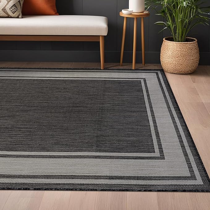 Beverly Rug Outdoor Rug 5x7 Modern Bordered Area Rugs for Indoor and Outdoor Patio Deck Porch Garden Waterproof Weather Sun Resistant Washable Outside Carpet (5 x 7 Dark Gray)