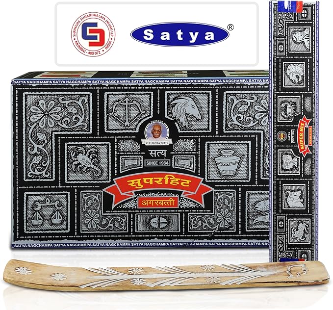 Satya Super Hit Incense Sticks, Satya sai Baba Insenses 15gmx12 Pack with Raajsee Incense Holder Bundle, Nag Champa Natural Incense 180 gm