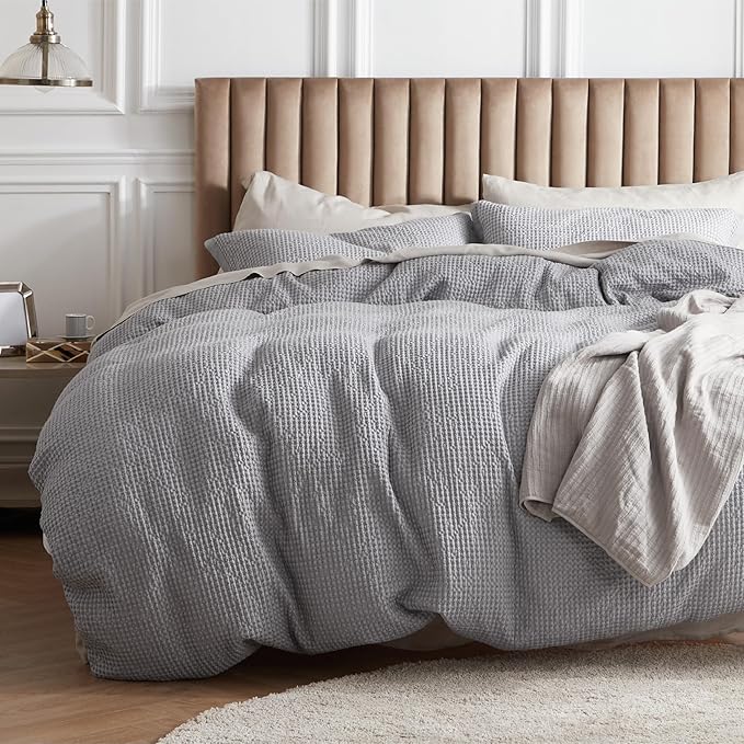 Bedsure Cotton Duvet Cover Set - 100% Cotton Waffle Weave Grey Duvet Cover California King Size, GentleSoft™ and Breathable Cal King Bedding Set for All Season, 3 Pieces, 104"x98"