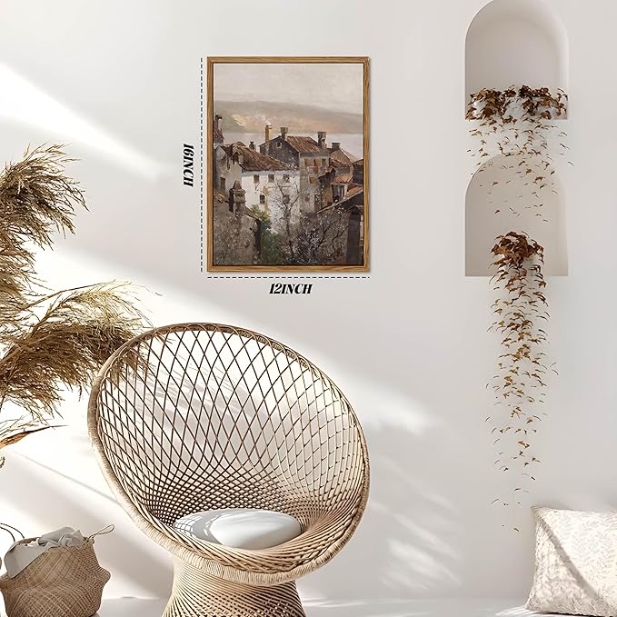 Floating Framed Vintage Canvas Wall Art, European Country Towns Wall Decor Oil Paintings Artwork, Rustic Farmhouse Posters Prints Pictures for Living Room Hallway Bedroom 12x16 inch