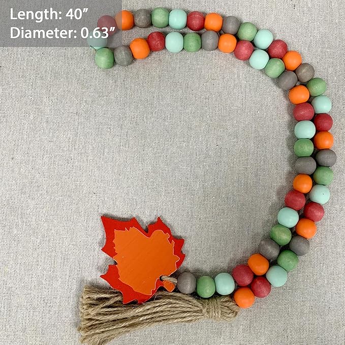 40" Handmade Farmhouse Bead Garland Wood with Tassel, Boho Chic Decorative String Beads Home Decor, Table Tiered Tray Country Wooden Accents (Autumn Joy: Grateful, Thankful, Blessed, 0.63" Diameter)