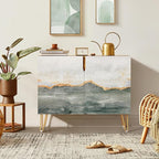 SIGNWIN Sideboard Buffet Cabinet, Kitchen Storage Cabinet with 2 Doors, Gold Gray Color Block Collage, Cupboard Console Table for Dining Room - 35" L x 18" W x 29" H