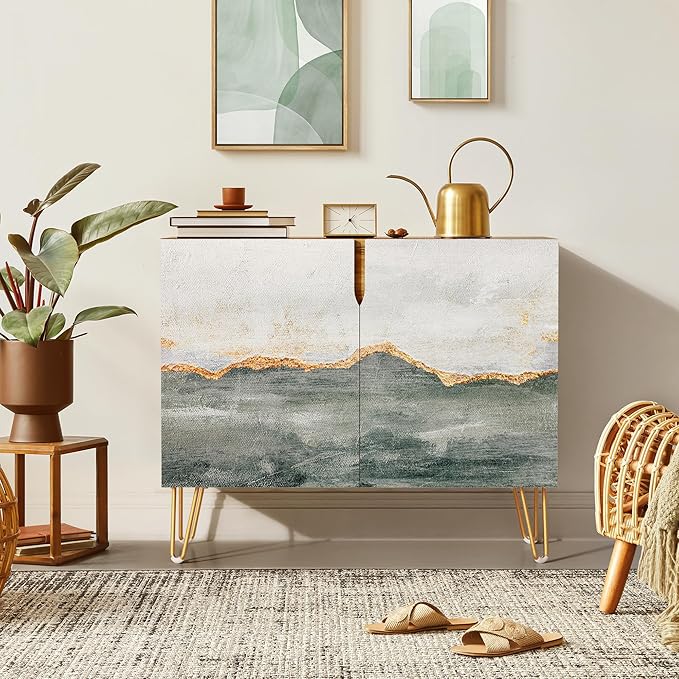 SIGNWIN Sideboard Buffet Cabinet, Kitchen Storage Cabinet with 2 Doors, Gold Gray Color Block Collage, Cupboard Console Table for Dining Room - 35" L x 18" W x 29" H