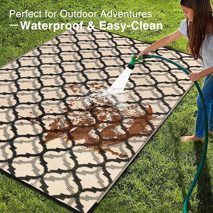 OLANLY Reversible Outdoor Rug 9x12 ft Clearance, Waterproof Outdoor Plastic Straw Rug with Interlacing Pattern, RV Mat for Patio, Camping, Balcony, Deck, Backyard, Black & Beige