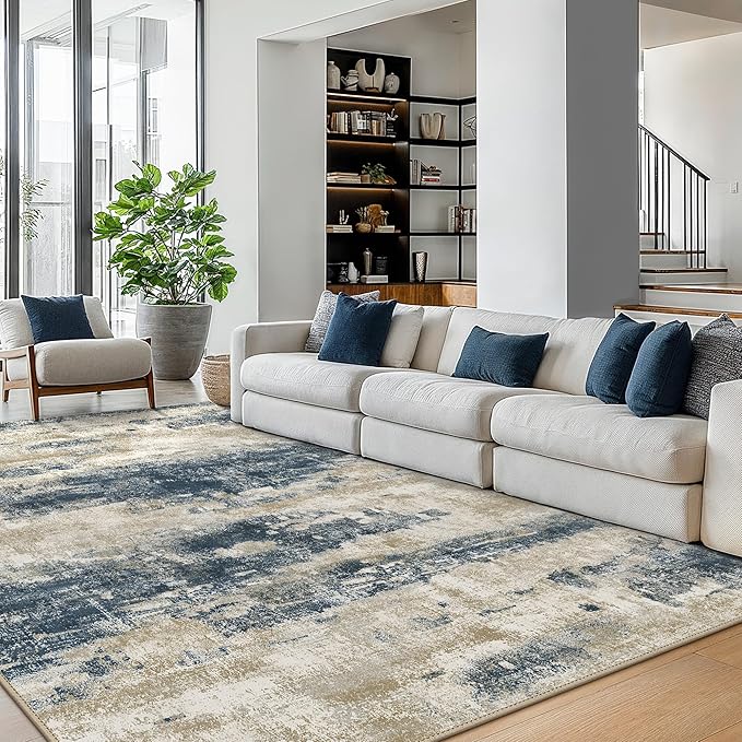 Area Rugs 9x12 for Living Room Bedroom, Modern Abstract Machine Washable Rug, Large Soft Low Pile Floor Cover with Non Slip Backing for Dining Room, Blue Beige