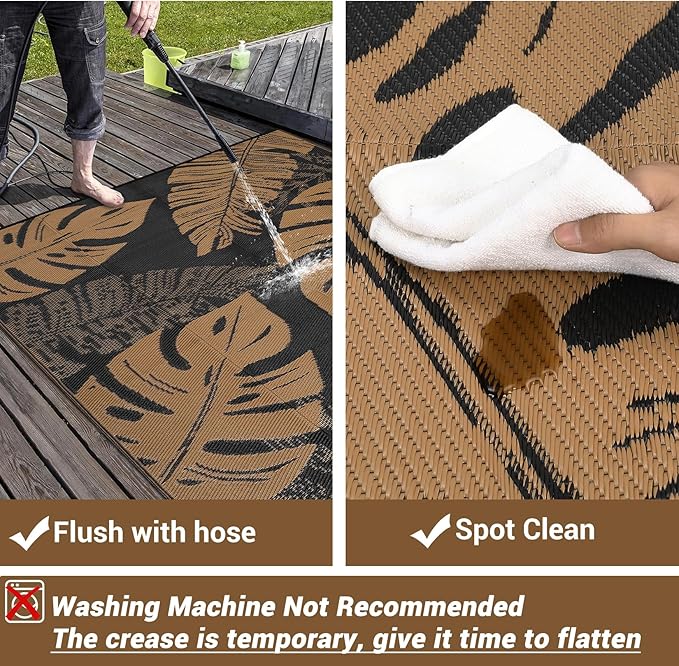 GAOMON Outdoor Rug Waterproof 9x12 Outdoor Plastic Straw Rug for Patio, Reversible Modern Camping Mat with Bag & Stakes, UV Resistant & Easy to Clean Carpet for RV, Deck, Balcony, Porch, Brown