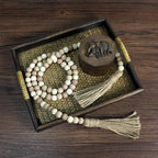 CVHOMEDECO. Wood Beads Garland with Tassels Farmhouse Rustic Wooden Prayer Bead String Wall Hanging Accent for Home Festival Decor. Mix Distressed