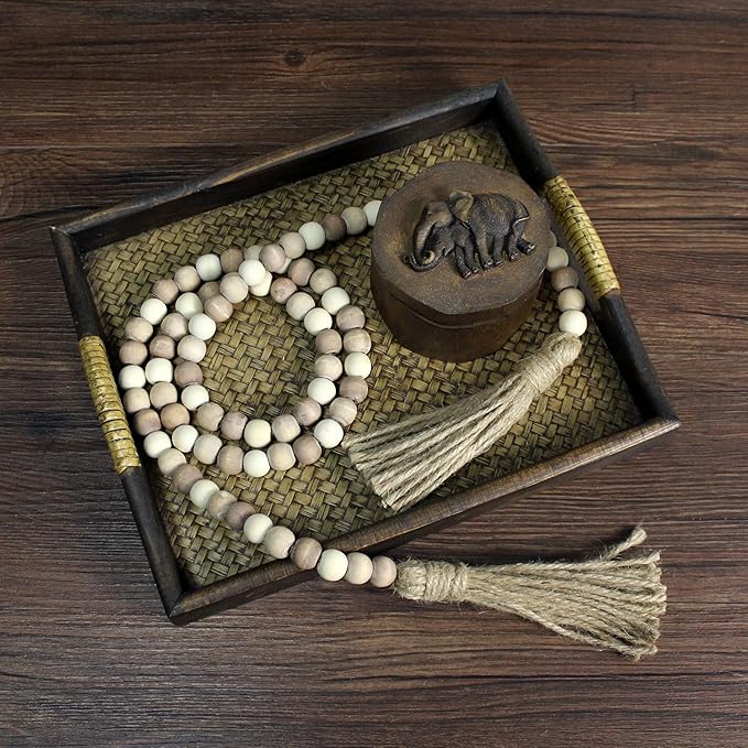 CVHOMEDECO. Wood Beads Garland with Tassels Farmhouse Rustic Wooden Prayer Bead String Wall Hanging Accent for Home Festival Decor. Mix Distressed