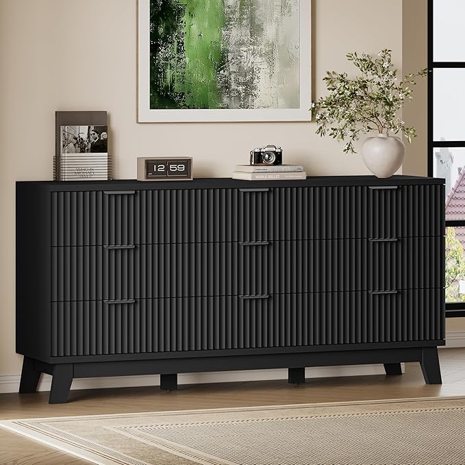 63" Long Dresser for Bedroom, 9-Drawer Fluted Dresser, Extra-Wide Wood Chest of Drawers with Smooth Metal Slides, Stable Base, Modern Clothes Storage Cabinet for Living Room, Hallway, Nursery