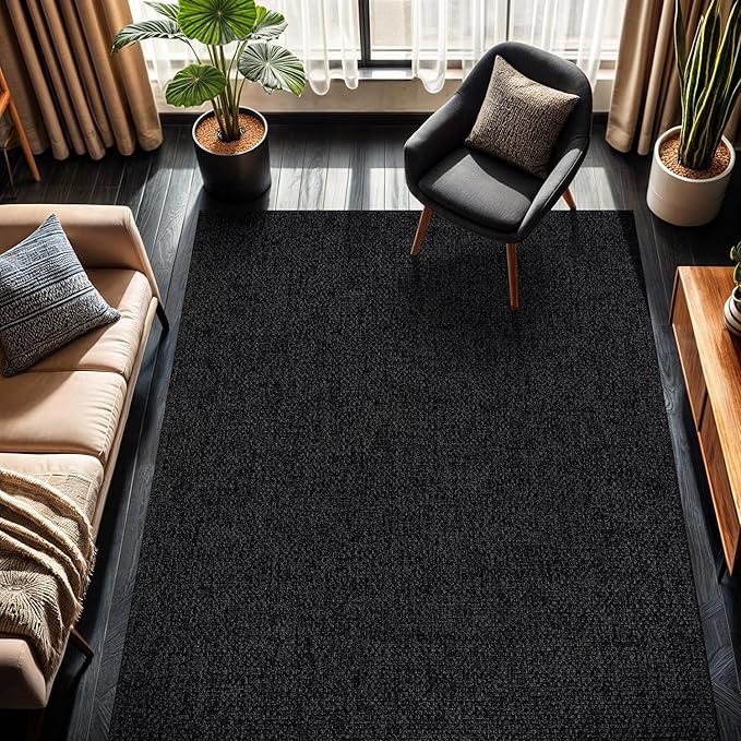 CAMILSON Easy Jute Rug 8x10, Indoor Outdoor Dark Gray Black Farmhouse Area Rugs for Living Room Patio and Kitchen Rug Solid Boho Woven Design Easy-Cleaning Washable Outside Carpet Alfombras (8 x 10)