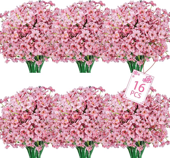 Uieke Artificial Fake Flowers, 16 Bundles Outdoor Plastic Flowers Cemetery Flowers UV Resistant No Fade Floral Arrangements Outside Hanging Planter Home Garden Porch Window Box Décor (Pink)