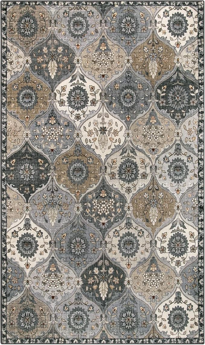 Lahome Moroccan Trellis Washable Area Rugs, 3x5 Rug for Bedroom Entryway Indoor Non-Slip, Small Oriental Accent Carpet for Living Room Kitchen Bathroom Office, Grey