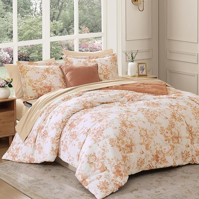 Queen Comforter Set -7 Pieces Autumn Leaf Floral Comforter Set for All Seasons, Bed in a Bag Queen with Botanical Flowers Comforter, Sheets, Pillowcases & Shams