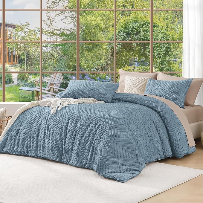 Andency Greyish Blue Oversized King Comforter 128''x120'', 3 Pieces Soft Boho Bedding Set & Collections, Farmhouse Tufted Fluffy Shabby Chic Bed Set for All Seasons (1 Comforter, 2 Pillowcases)