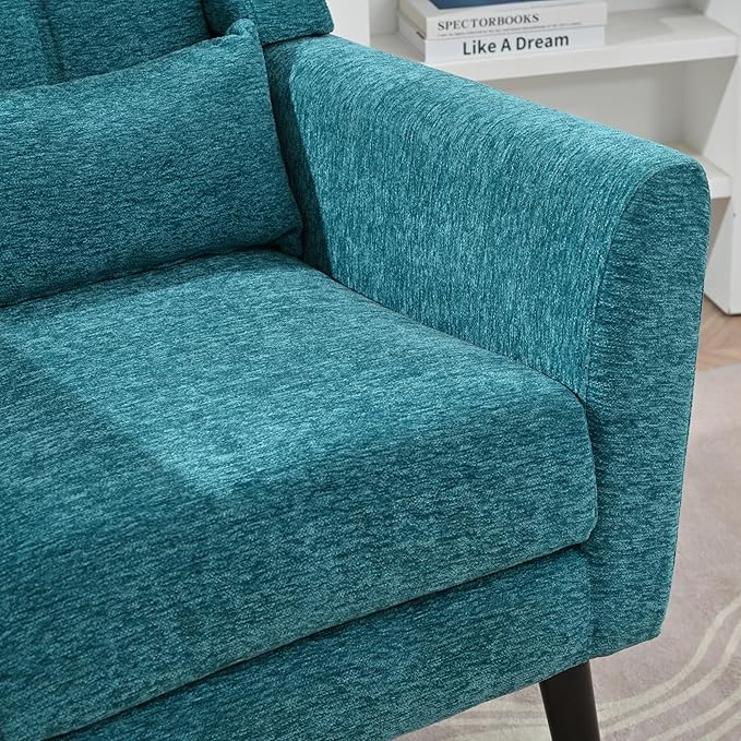 Accent Chair, Comfy Upholstered Living Room Chairs with High Tufted Backrest and Pillow, Wingback Reading Chair with Solid Wood Legs for Bedroom/Office, Chenille Fabric, Teal
