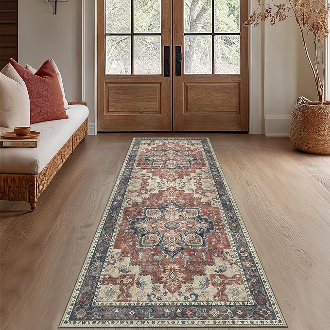 GENIMO 2x10 Runner Rugs for Hallway, Machine Washable Non Slip Vintage Rugs, Low Pile Lightweight Soft Print Rug for enrtyway, Corridor, Home Office, Kitchen, Bordeaux
