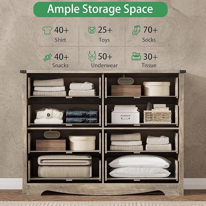 Dresser for Bedroom with 8 Drawers, 48" Wide Wood Chest of Drawers with Deep Drawers & Mental Handle, Modern Dresser TV Stand, Wooden Closet Storage Organizer for Living Room, Hallway, Entryway, Grey