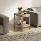 SICOTAS Rattan Nightstand Bedside Table - Farmhouse Boho Narrow Accent End Table with 2 Open Rattan Shelves for Bedroom, Living Room, Small Spaces - Light Oak