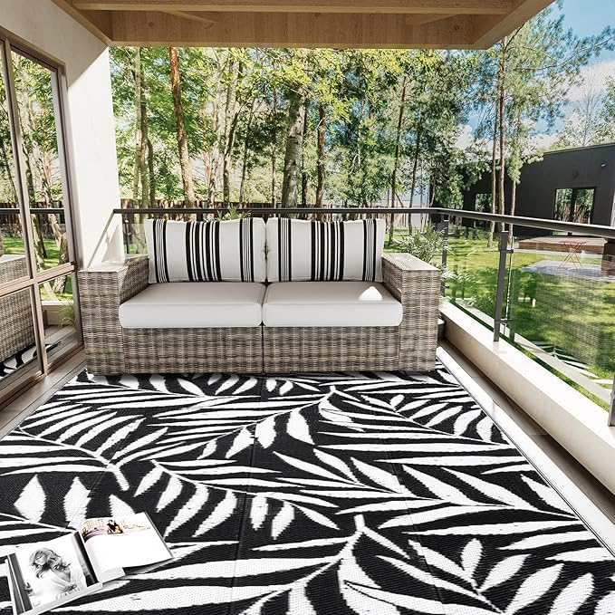 OLANLY Waterproof Outdoor Rug 9x12 ft, Reversible Outdoor Plastic Straw Rug with Leaf Pattern, RV Mat, Indoor Outdoor Carpet for Patio, Camping, Balcony, Deck, Backyard, Black & White