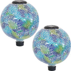 Sunnydaze Azul Terra 10" Crackled Glass Garden Gazing Globe with LED Solar Light - Set of 2