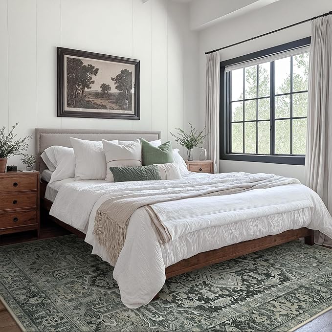 GENIMO Machine Washable 8x10 Area Rugs for Living Room, Non Slip Vintage Rugs, Low Pile Lightweight Chenille Print Rug for Bedroom, Dining Room, Home Office, Night Black