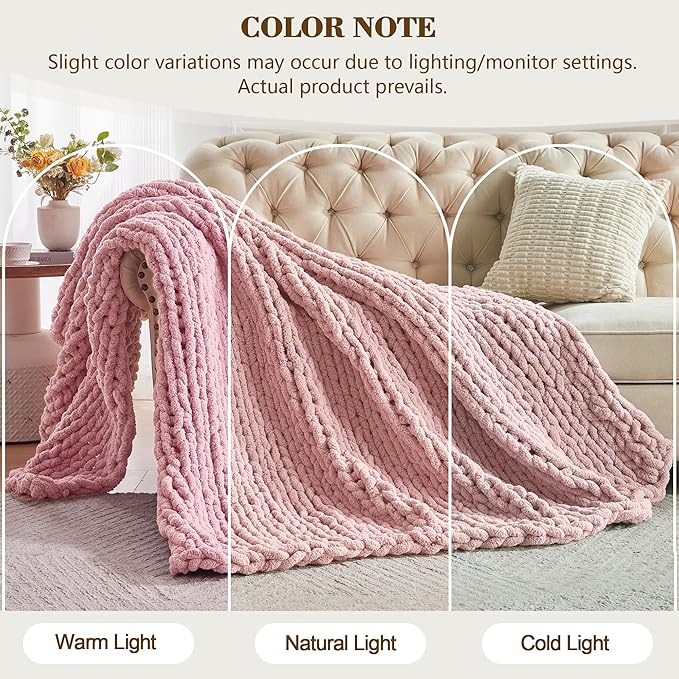 Carriediosa Chunky Knit Throw Blanket 60" X 80" Twin, 100% Hand Made Large Chenille Loop Yarn Soft Fluffy Throws for Couch Sofa Bed, Big Crochet Cozy Heavy Thick Cable Woven Blankets, Dusty Pink