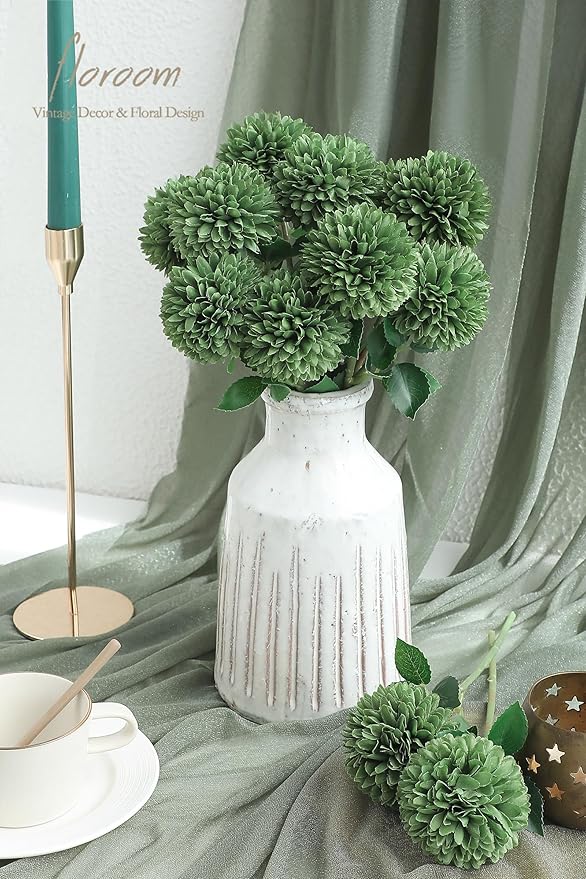 Floroom 12pcs Emerald Green Faux Silk Mums Artificial Flowers Bulk Fake Chrysanthemums with Stems for DIY Wedding Table Centerpieces Floral Arrangements Vase Fillers Home Decorations