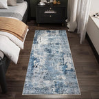 Rugcomf Runner Rug 2'6''x8' Hallway Washable Boho Soft Area Rug Abstract Pattern Non-Slip Faux Wool Vintage for Kitchen, Entryway, Laundry, Bedroom, Blue