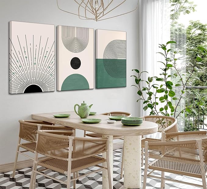 3 Pcs Sage Green Boho Canvas Wall Art Modern Abstract Minimalist Neutral Bohemian Sun Geometric Line Painting Picture Wall Decor Poster Print Artwork for Living Room Bedroom Home Decoration