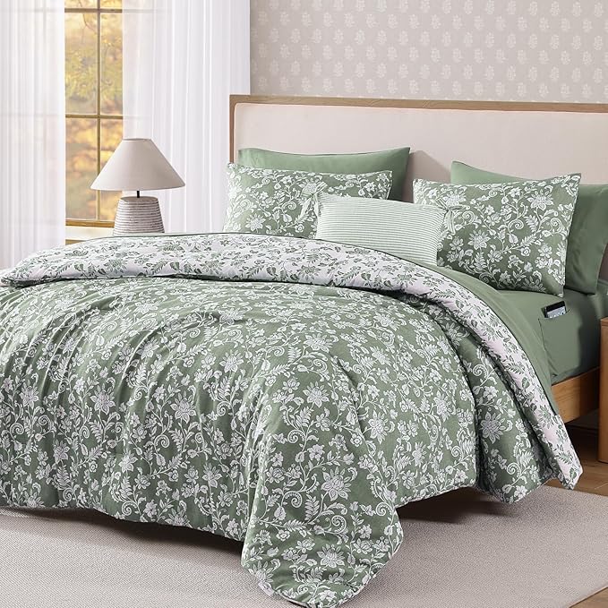 King Comforter Set -7 Pieces Floral Grey Green Comforter Set for All Seasons, Bed in a Bag King with Botanical Flowers Comforter, Sheets, Pillowcases & Shams