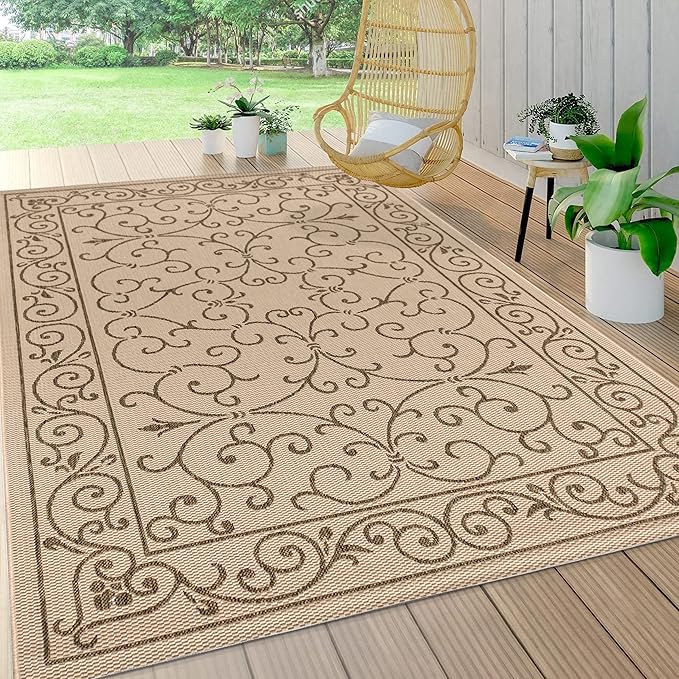 JONATHAN Y Vintage Filigree Indoor Outdoor Area Rug 6X9 Beige/Brown, Charleston Textured Weave for Backyard, Patio, Porch, Easy-Cleaning, High Traffic, Pet-Friendly, Non-Shedding (SMB106A-6)