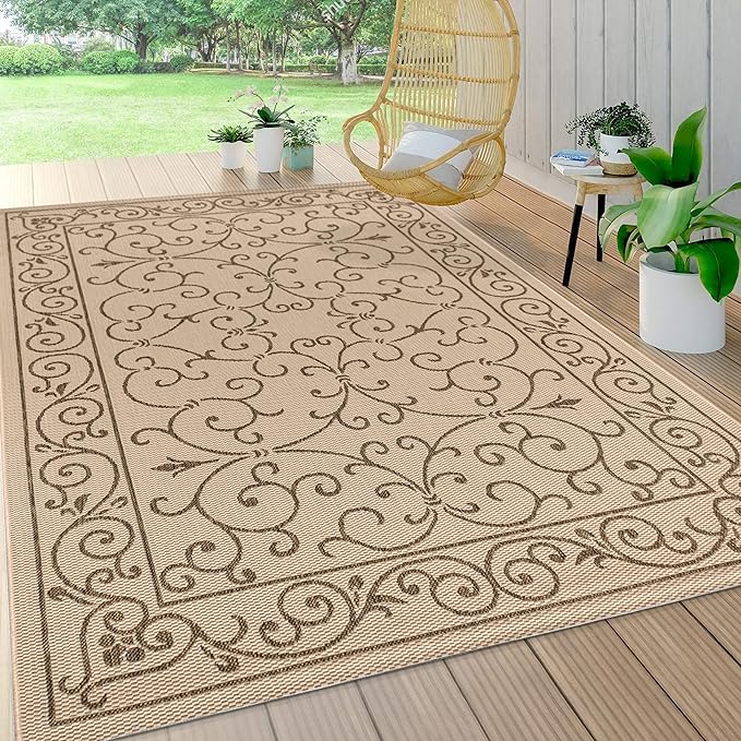 JONATHAN Y Vintage Filigree Indoor Outdoor Area Rug 4X6 Beige/Brown, Charleston Textured Weave for Backyard, Patio, Porch, Easy-Cleaning, High Traffic, Pet-Friendly, Non-Shedding (SMB106A-4)