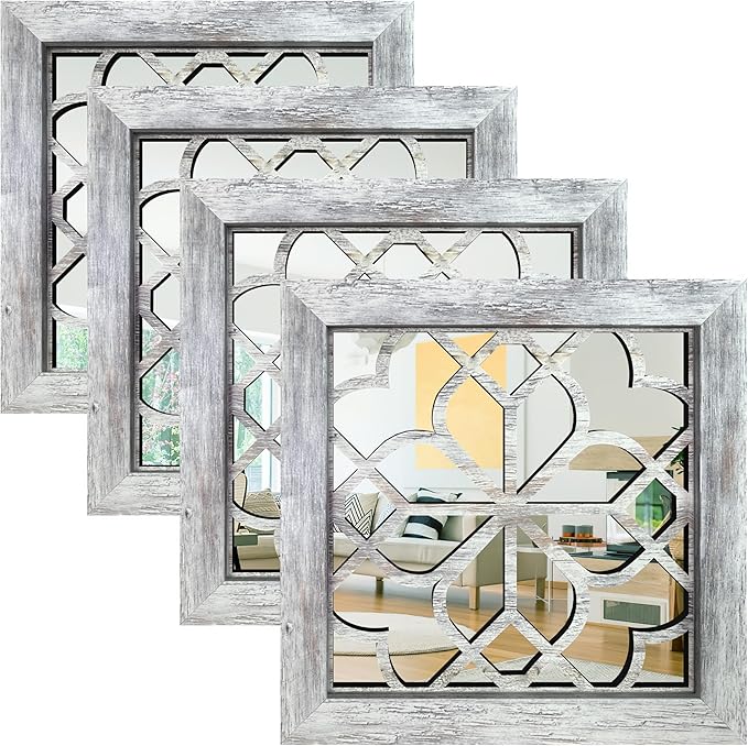 4pcs Farmhouse Wall Mirror with Carved Floral Design -Rustic Mirror Decor for Home, 12x12 inch(Grey)