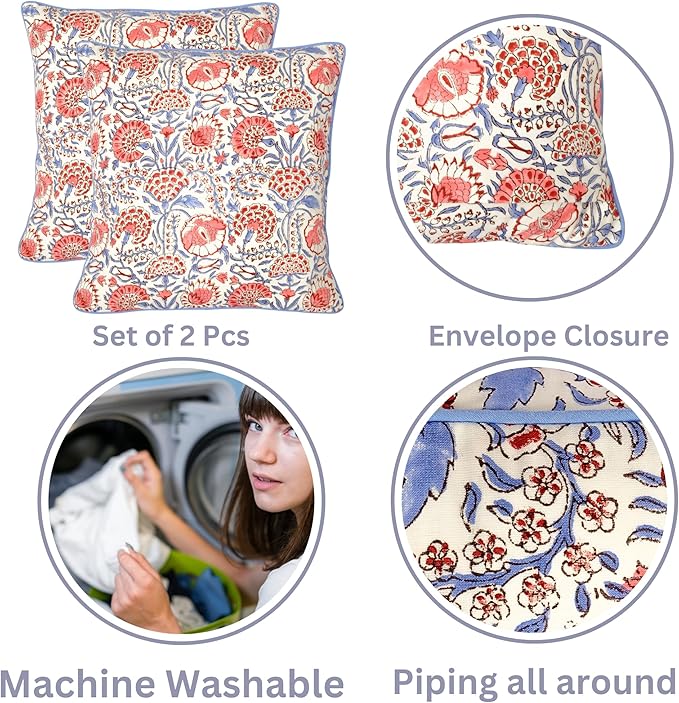 Ridhi Hand Block Print Flamingo Pink Decorative Outdoor Couch Throw Canvas Pillow Cover Set of 2 16x16 Washable Modern Vintage Boho Chic Spring Home Déco Cover