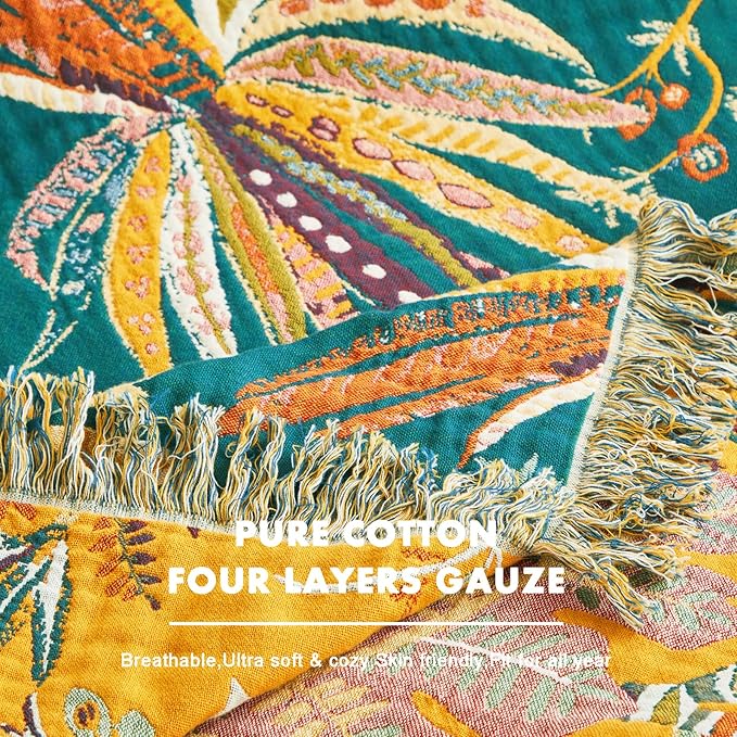 MSGKV Boho Throw Blanket for Couch Bed Chair 100% Cotton Muslin Breathable Embroidery Blanket 50"x60" Sofa Blankets for All Seasons Lightweight Farmhouse Blankets Boho Home Decor