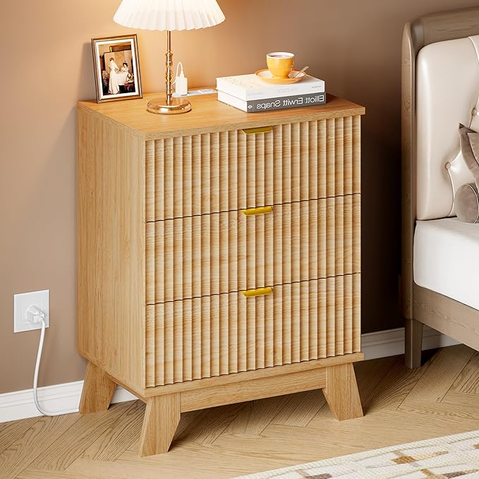 30.5" Nightstand with Charging Station, 3-Drawer Fluted Bedroom Chest, Wood Bedside Dresser with Power Outlets and USB Ports, Metal Slides, Stable Base, Modern Storage Cabinet for Small Spaces