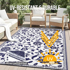 OLANLY Waterproof Outdoor Rug 5x8 ft, Outdoor Plastic Straw Rug with Flower Pattern, Reversible RV Mat for Patio, Camping, Balcony, Deck, Backyard, Navy & White