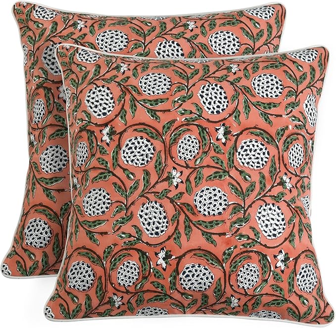 Ridhi Dark Salmon Pink Block Print Cotton Canvas Throw Pillow Covers for Decorative Couch Pillows for Living Room, Chic Boho Cute Outdoor Valentine Pillows Covers Gifts 18x18 Inches