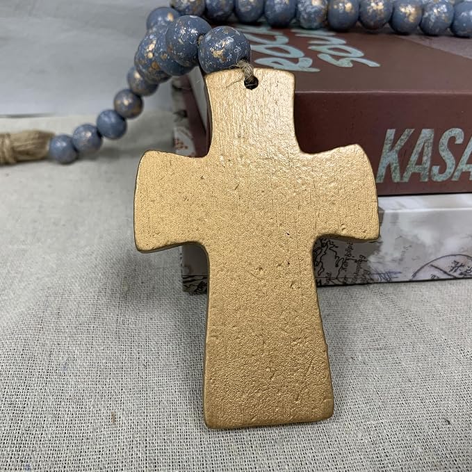 Fenisam 40" Handmade Farmhouse Bead Garland Wood with Tassel, Boho Chic Decorative String Beads Home Décor, Table Tiered Tray Country Wooden Accents (Ocean Mist Gold, Small)