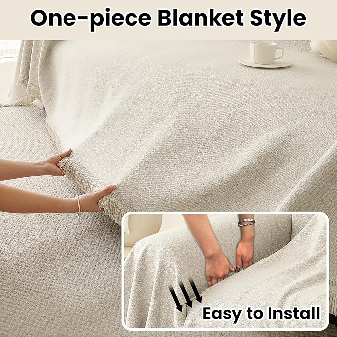 Boho Couch Cover Khaki Water Stain Resistant Sofa Covers Simple Sofa Slipcover Couch Furniture Protector for Dogs Chenille 1-Piece Cover for Sectional Sofa Couch Cushion Covers, 71"x 134"