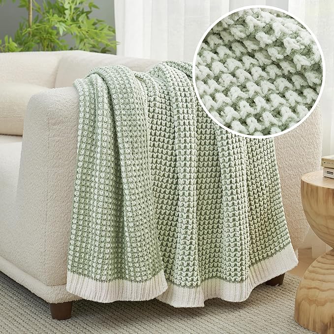 Amélie Home Chenille Waffle Throw Blanket for Couch, Reversible Pineapple Stitch Knit Soft Cozy Knit Blanket Lightweight Warm Decorative Throw for Sofa, Bed, Living Room, 50"x60", Sage Green&Ivory