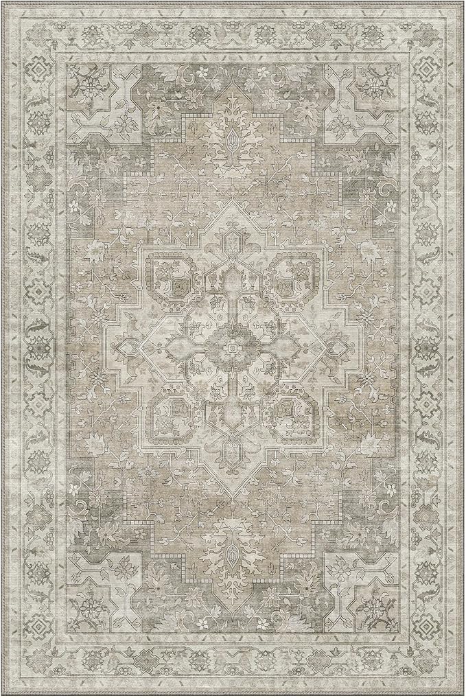 GENIMO 8x10 Area Rugs for Living Room, Machine Washable Non Slip Vintage Rugs, Low Pile Lightweight Chenille Print Rug for Bedroom, Dining Room, Home Office, Trench