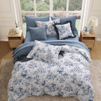 Queen Comforter Set -7 Pieces Floral Blue Comforter Set for All Seasons, Bed in a Bag Queen with Botanical Flowers Comforter, Sheets, Pillowcases & Shams