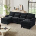 113" Oversized Cloud Couch, U Shape Sectional 4 Seat Sofa with Double Chaises, 2 Layer Cusions, Deep Seat Comfy Sofa, Upholstery Chenille Fabric for Living Room, Black