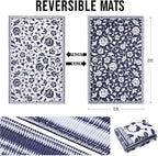 OLANLY Waterproof Outdoor Rug 5x8 ft, Outdoor Plastic Straw Rug with Flower Pattern, Reversible RV Mat for Patio, Camping, Balcony, Deck, Backyard, Navy & White