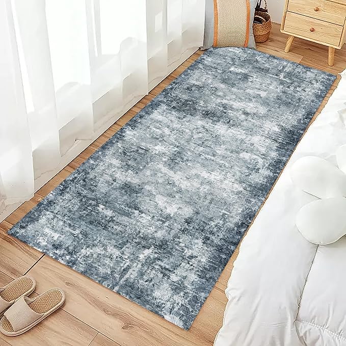 2'6'' x 8' Washable Area Rug - Low Pile Soft Vintage Indoor Rug for Living, Dining or Bedroom - Lightweight Carpet with Non-Slip Backing - Foldable for Easy Placement, Blue