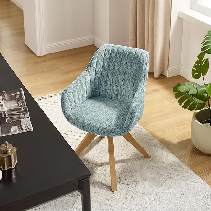 Art Leon Desk Chair No Wheels - Mid Century Modern Office Chair, Swivel Accent Chair with Oak Wood Legs, Fabric Upholstered Arm Chair, Light Blue