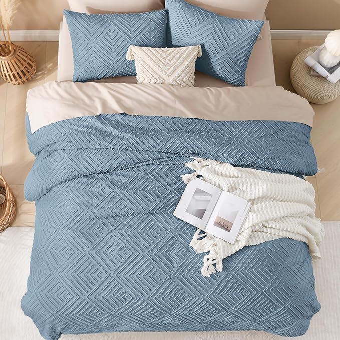 Andency Greyish Blue Oversized King Comforter 128''x120'', 3 Pieces Soft Boho Bedding Set & Collections, Farmhouse Tufted Fluffy Shabby Chic Bed Set for All Seasons (1 Comforter, 2 Pillowcases)